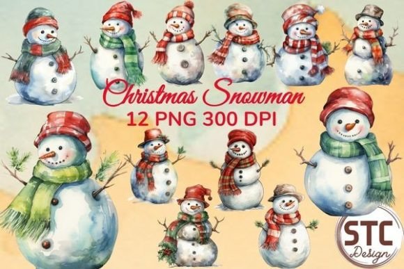 Christmas Snowman Watercolor Sublimation: Festive Design Assets